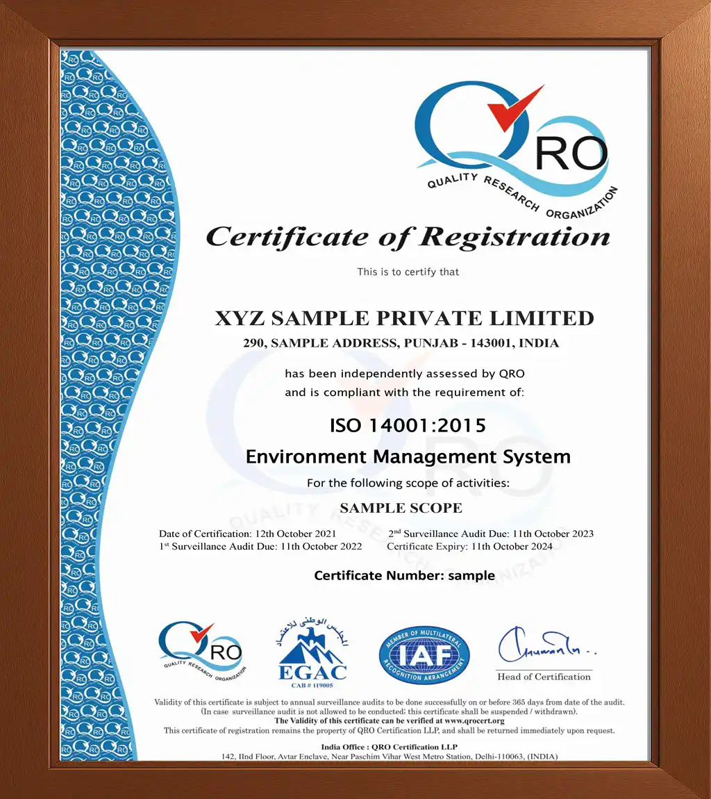 ISO Certificate 14001:2015 Sample
