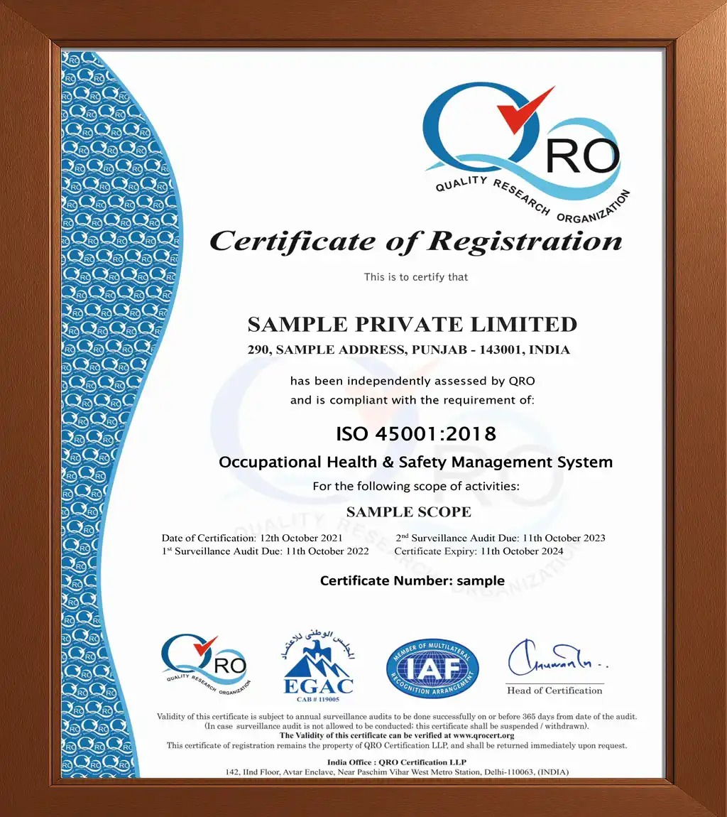 ISO Certificate 45001:2018 Sample
