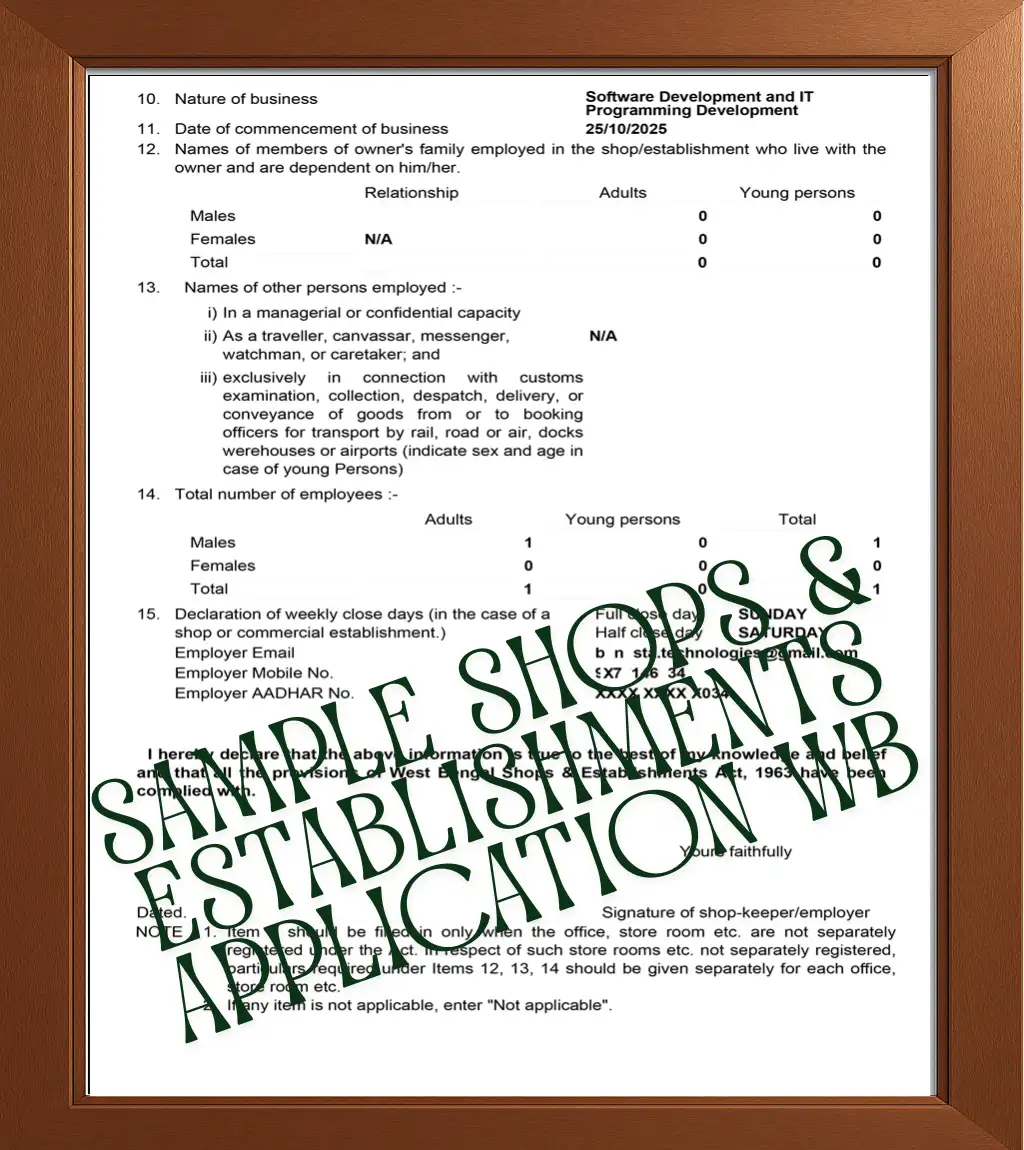 Shops and Establishments Application for registration page 2 in Kolkata and WB Sample