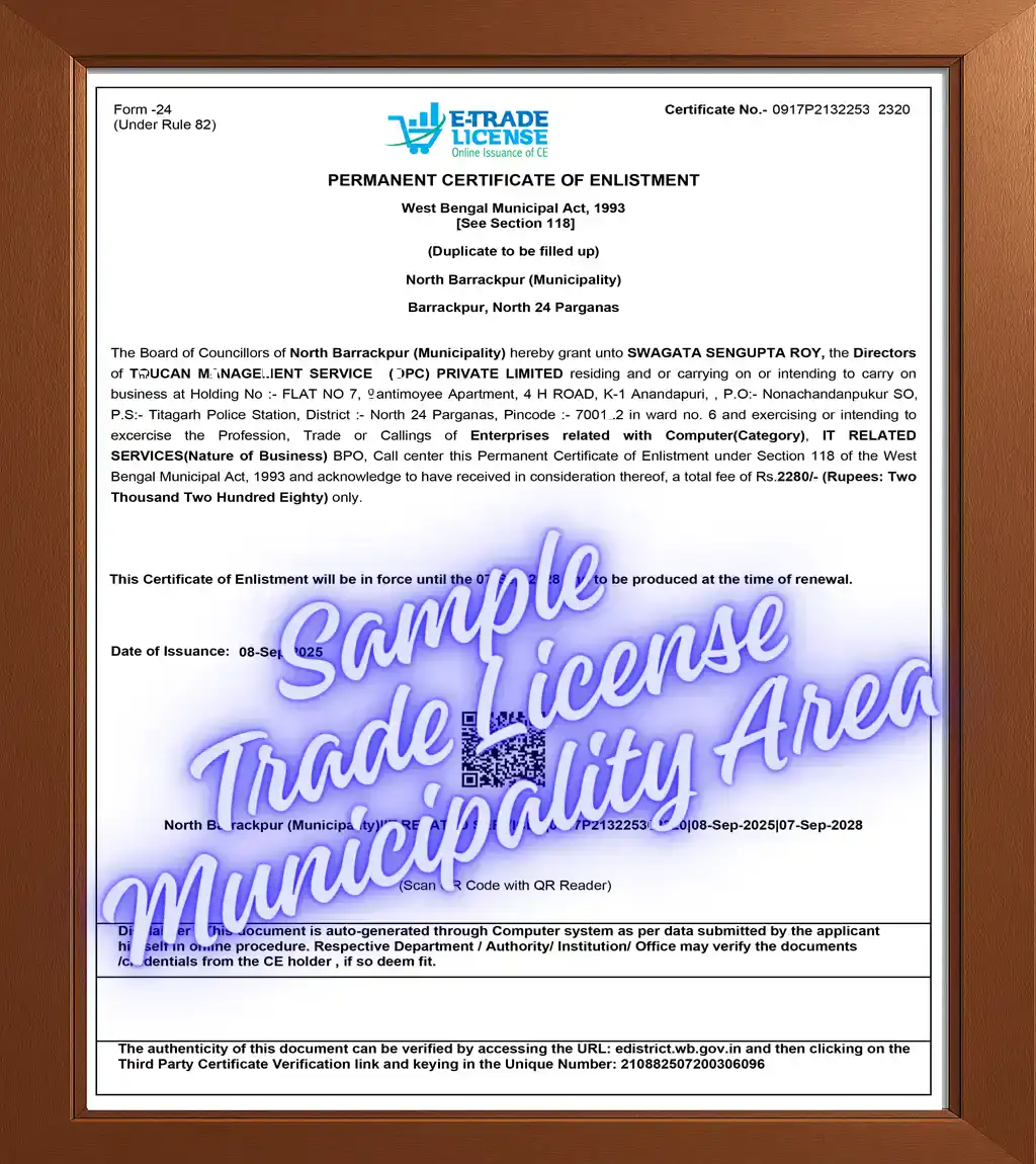 Sample Trade License West Bengal Municipality Area